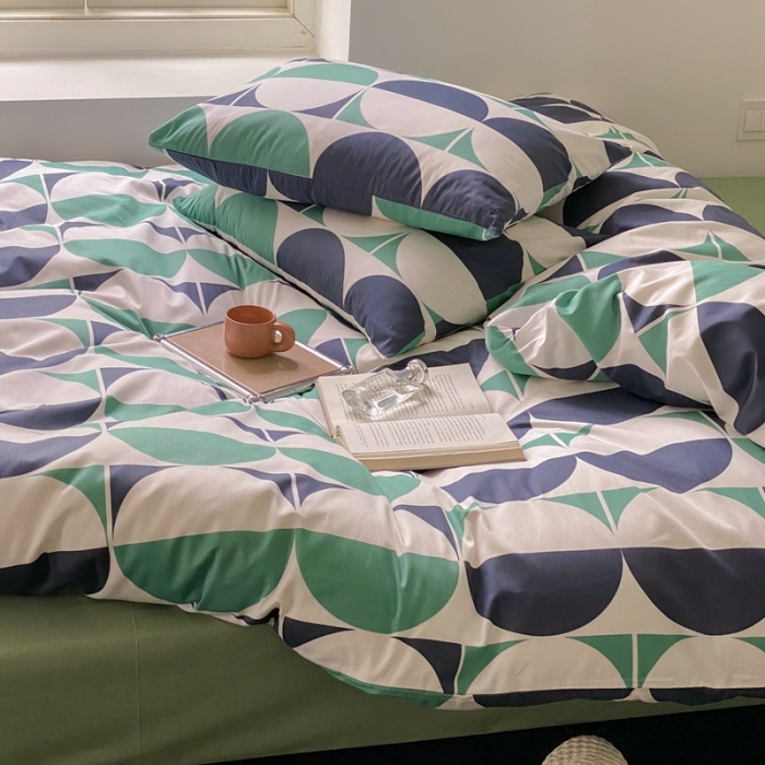 91家纺网 家纺一手货源 找家纺 昔可2022新款全棉四件套新款影棚图 绿色拼接圈