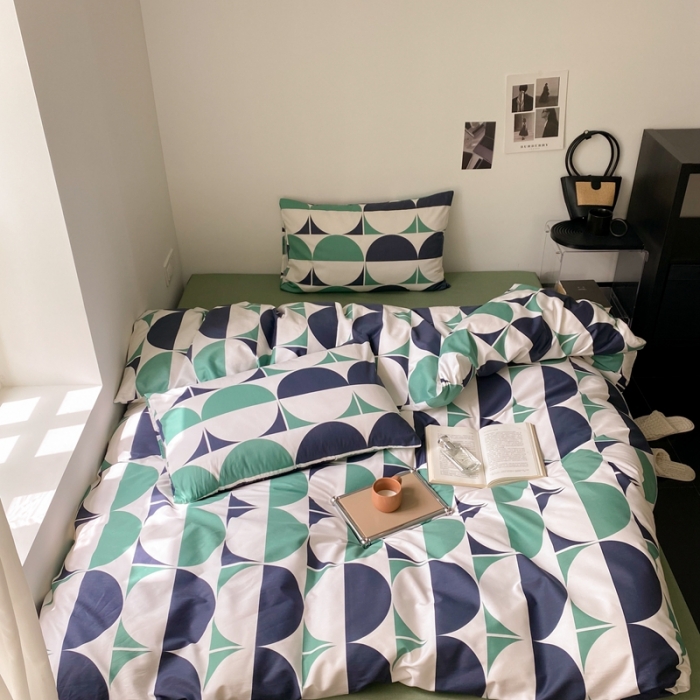 91家纺网 家纺一手货源 找家纺 昔可2022新款全棉四件套新款影棚图 绿色拼接圈