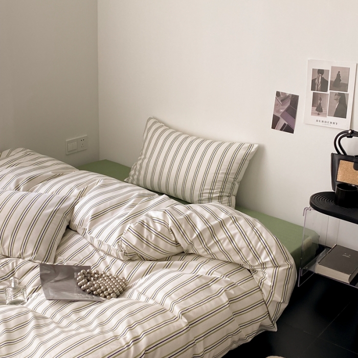 91家纺网 家纺一手货源 找家纺 昔可2022新款全棉四件套新款影棚图 绿竖条