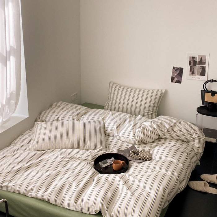 91家纺网 家纺一手货源 找家纺 昔可2022新款全棉四件套新款影棚图 绿竖条