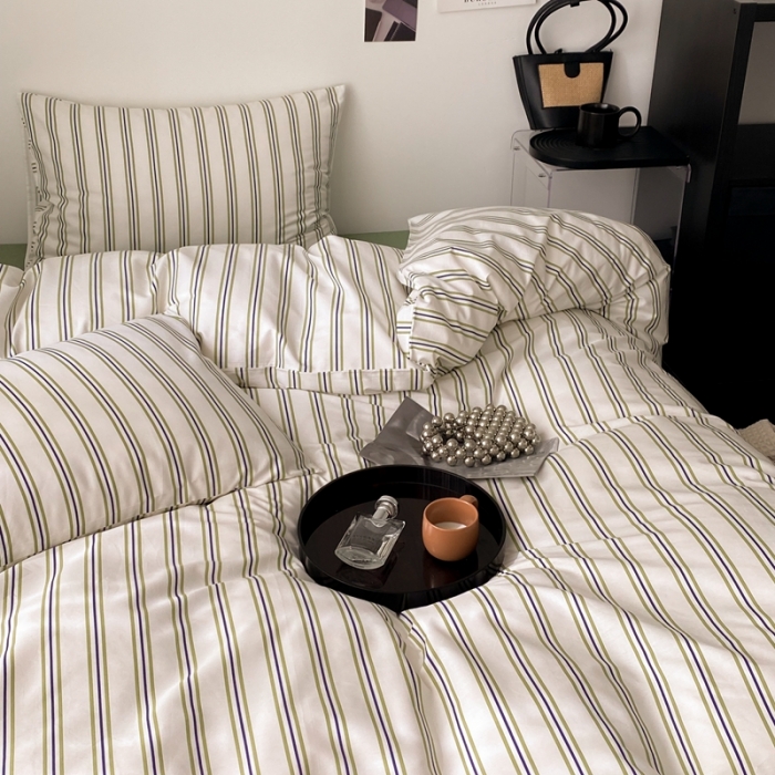 91家纺网 家纺一手货源 找家纺 昔可2022新款全棉四件套新款影棚图 绿竖条