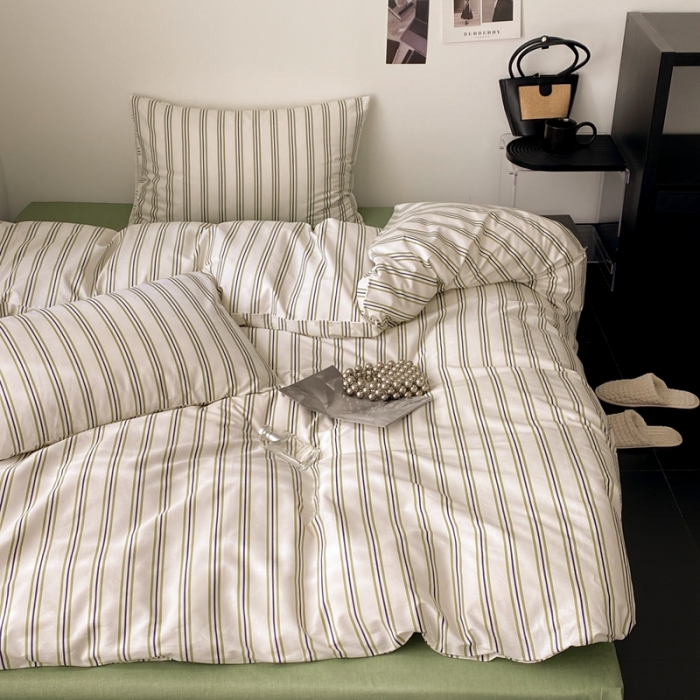 91家纺网 家纺一手货源 找家纺 昔可2022新款全棉四件套新款影棚图 绿竖条