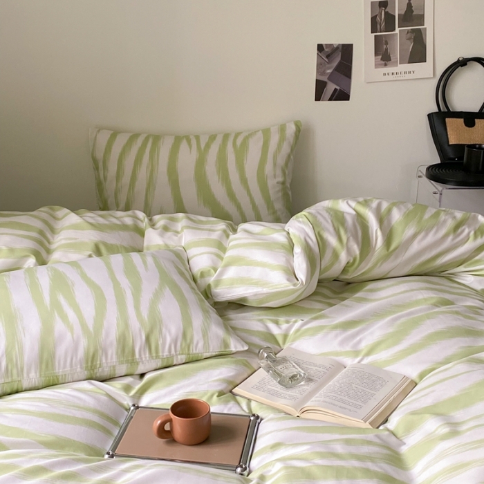 91家纺网 家纺一手货源 找家纺 昔可 2022新款全棉四件套新款影棚图 奶油绿豹纹