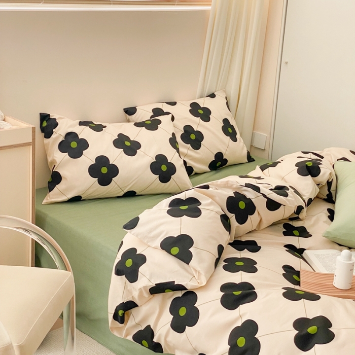 91家纺网 家纺一手货源 找家纺 昔可 2022新款全棉四件套新款影棚图 幸运四叶花 黑