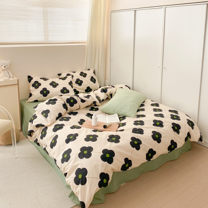 91家纺网 家纺一手货源 找家纺 昔可 2022新款全棉四件套新款影棚图 幸运四叶花 黑