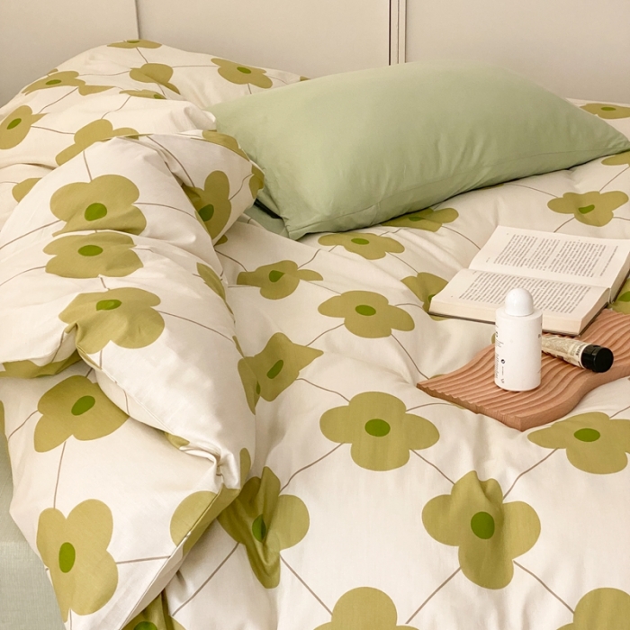 91家纺网 家纺一手货源 找家纺 昔可 2022新款全棉四件套新款影棚图 幸运四叶花 绿