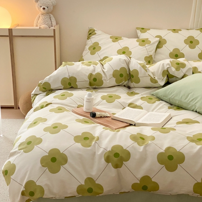 91家纺网 家纺一手货源 找家纺 昔可 2022新款全棉四件套新款影棚图 幸运四叶花 绿