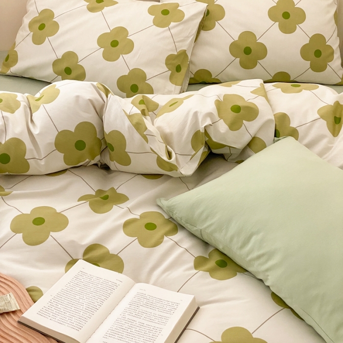 91家纺网 家纺一手货源 找家纺 昔可 2022新款全棉四件套新款影棚图 幸运四叶花 绿