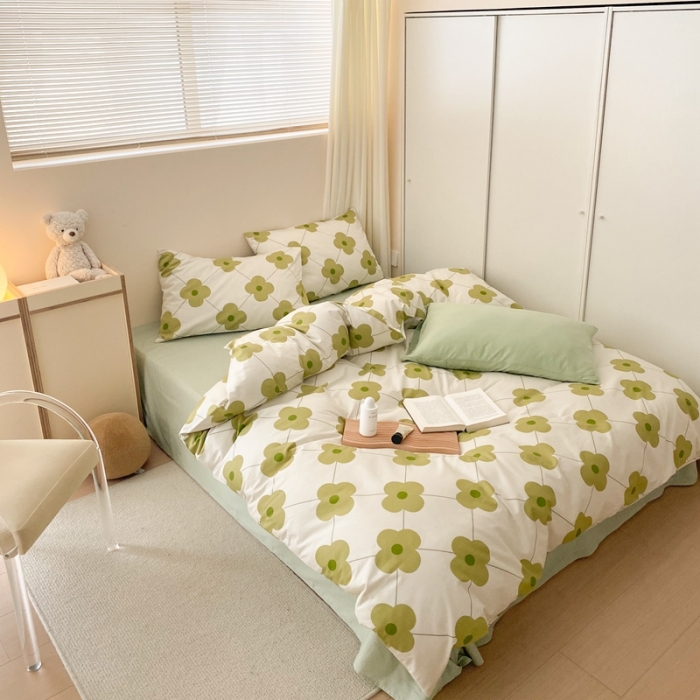 91家纺网 家纺一手货源 找家纺 昔可 2022新款全棉四件套新款影棚图 幸运四叶花 绿