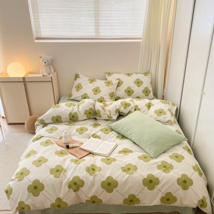 昔可 2022新款全棉四件套新款影棚图 幸运四叶花 绿