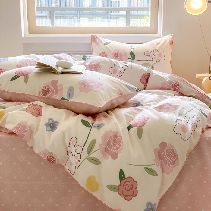 91家纺网 家纺一手货源 找家纺 昔可家纺2022新款嵌绳全棉套件组图一 粉蔷薇兔