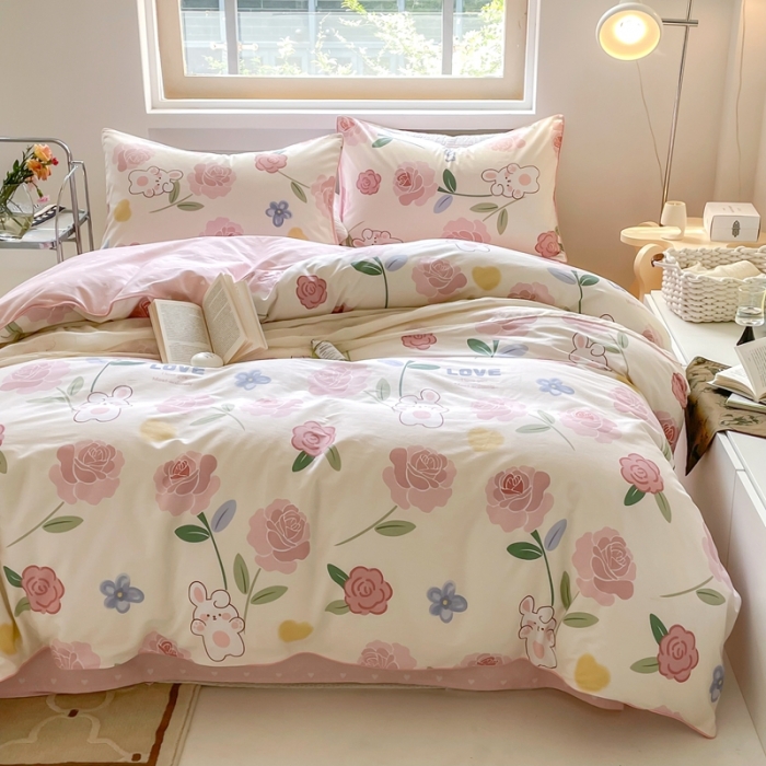 91家纺网 家纺一手货源 找家纺 昔可家纺2022新款嵌绳全棉套件组图一 粉蔷薇兔