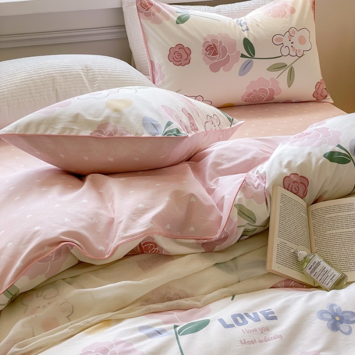 91家纺网 家纺一手货源 找家纺 昔可家纺2022新款嵌绳全棉套件组图一 粉蔷薇兔