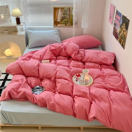 91家纺网 家纺一手货源 找家纺 昔可 2022新款40支13372全棉水洗棉混搭四件套 甜梅子粉拼天蓝