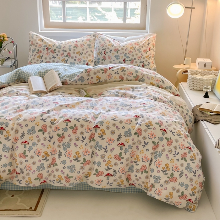 91家纺网 家纺一手货源 找家纺 昔可家纺2022新款嵌绳全棉套件组图一 蘑菇花