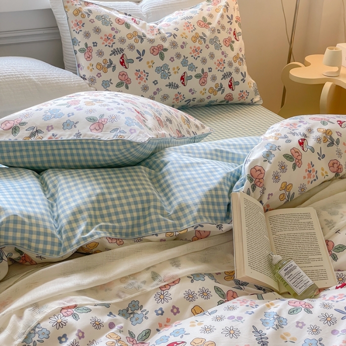 91家纺网 家纺一手货源 找家纺 昔可家纺2022新款嵌绳全棉套件组图一 蘑菇花