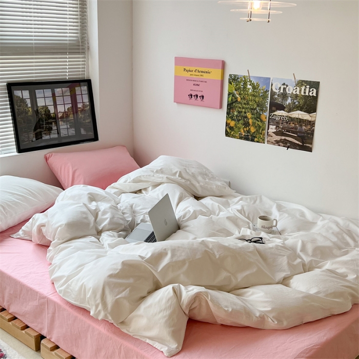 91家纺网 家纺一手货源 找家纺 昔可 2022新款40支13372全棉水洗棉混搭四件套 白桃乌龙粉