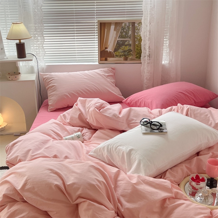 91家纺网 家纺一手货源 找家纺 昔可 2022新款40支13372全棉水洗棉混搭四件套 洛洛粉拼梅子