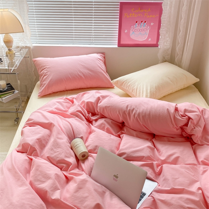 91家纺网 家纺一手货源 找家纺 昔可 2022新款40支13372全棉水洗棉混搭四件套 莓莓粉拼奶黄