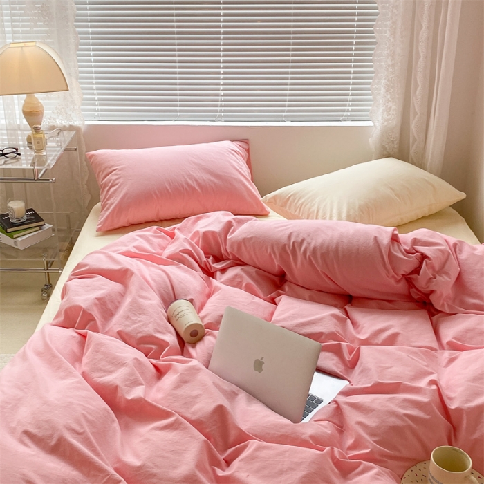 91家纺网 家纺一手货源 找家纺 昔可 2022新款40支13372全棉水洗棉混搭四件套 莓莓粉拼奶黄