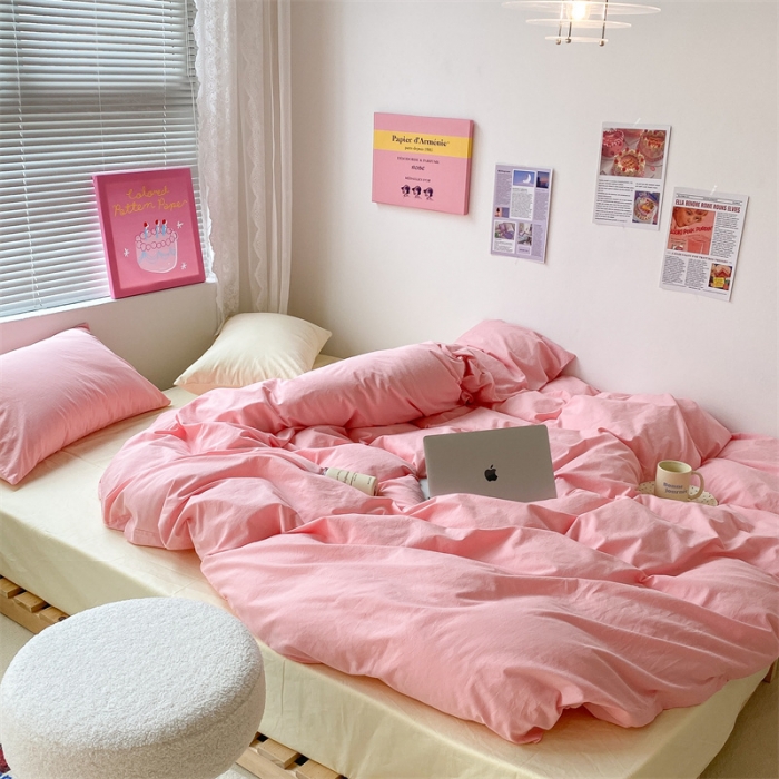 91家纺网 家纺一手货源 找家纺 昔可 2022新款40支13372全棉水洗棉混搭四件套 莓莓粉拼奶黄