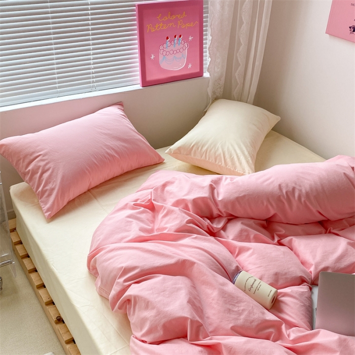 91家纺网 家纺一手货源 找家纺 昔可 2022新款40支13372全棉水洗棉混搭四件套 莓莓粉拼奶黄