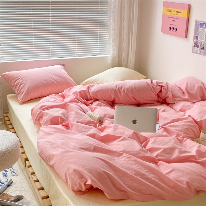 91家纺网 家纺一手货源 找家纺 昔可 2022新款40支13372全棉水洗棉混搭四件套 莓莓粉拼奶黄