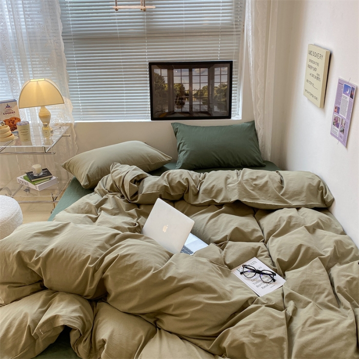 91家纺网 家纺一手货源 找家纺 昔可 2022新款40支13372全棉水洗棉混搭四件套 抹茶绿拼森绿