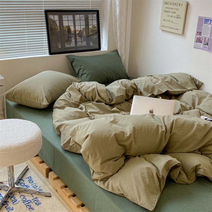 91家纺网 家纺一手货源 找家纺 昔可 2022新款40支13372全棉水洗棉混搭四件套 抹茶绿拼森绿