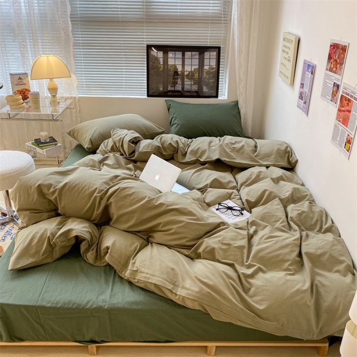 91家纺网 家纺一手货源 找家纺 昔可 2022新款40支13372全棉水洗棉混搭四件套 抹茶绿拼森绿