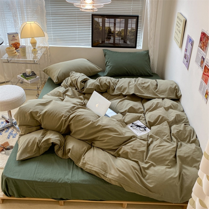 91家纺网 家纺一手货源 找家纺 昔可 2022新款40支13372全棉水洗棉混搭四件套 抹茶绿拼森绿
