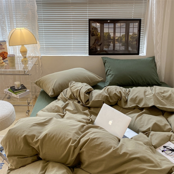 91家纺网 家纺一手货源 找家纺 昔可 2022新款40支13372全棉水洗棉混搭四件套 抹茶绿拼森绿