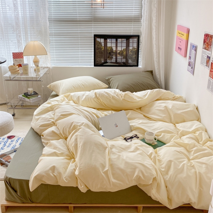 91家纺网 家纺一手货源 找家纺 昔可 2022新款40支13372全棉水洗棉混搭四件套 奶白拼抹茶