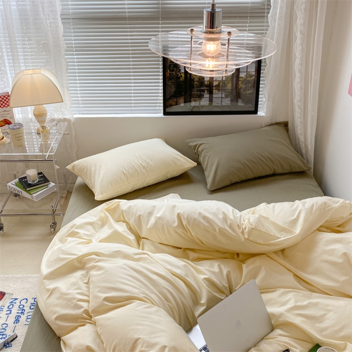 91家纺网 家纺一手货源 找家纺 昔可 2022新款40支13372全棉水洗棉混搭四件套 奶白拼抹茶