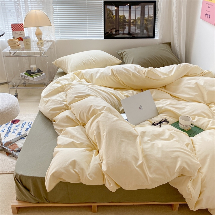 91家纺网 家纺一手货源 找家纺 昔可 2022新款40支13372全棉水洗棉混搭四件套 奶白拼抹茶