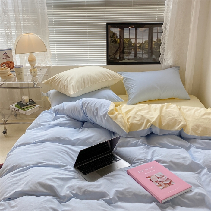 91家纺网 家纺一手货源 找家纺 昔可 2022新款40支13372全棉水洗棉混搭四件套 奶油蓝拼黄