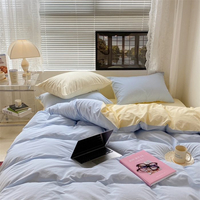 91家纺网 家纺一手货源 找家纺 昔可 2022新款40支13372全棉水洗棉混搭四件套 奶油蓝拼黄