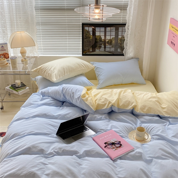 91家纺网 家纺一手货源 找家纺 昔可 2022新款40支13372全棉水洗棉混搭四件套 奶油蓝拼黄