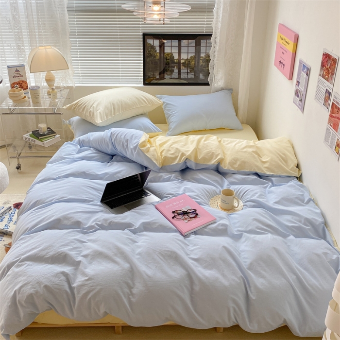 91家纺网 家纺一手货源 找家纺 昔可 2022新款40支13372全棉水洗棉混搭四件套 奶油蓝拼黄