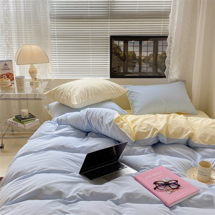 91家纺网 家纺一手货源 找家纺 昔可 2022新款40支13372全棉水洗棉混搭四件套 奶油蓝拼黄