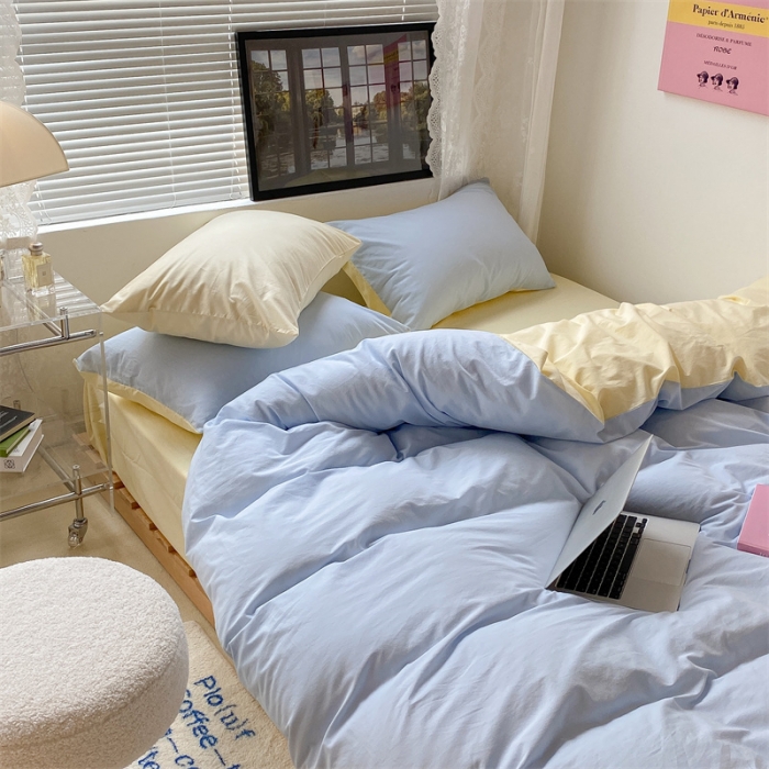 91家纺网 家纺一手货源 找家纺 昔可 2022新款40支13372全棉水洗棉混搭四件套 奶油蓝拼黄