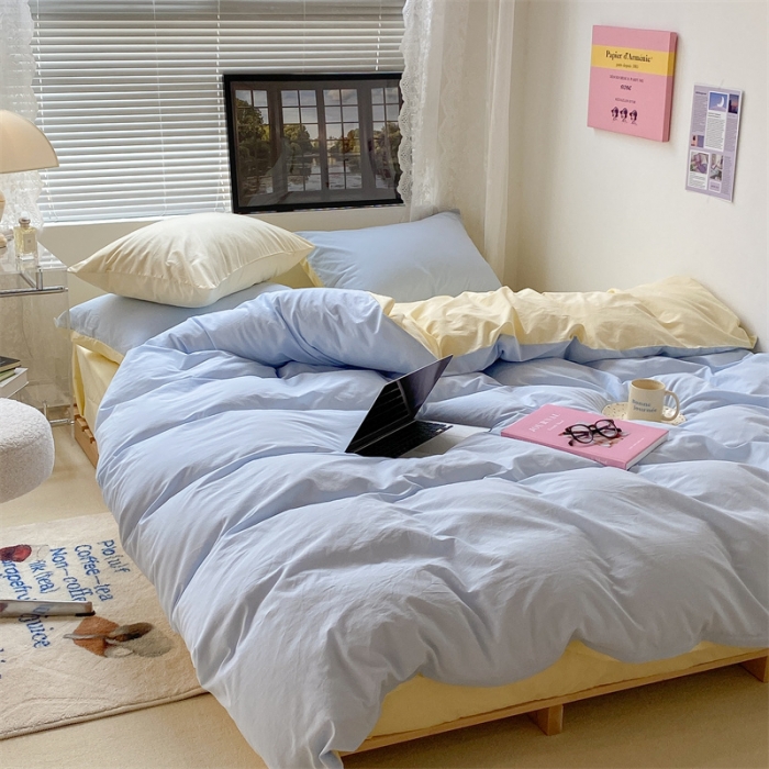 91家纺网 家纺一手货源 找家纺 昔可 2022新款40支13372全棉水洗棉混搭四件套 奶油蓝拼黄