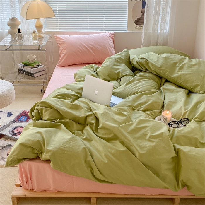 91家纺网 家纺一手货源 找家纺 昔可 2022新款40支13372全棉水洗棉混搭四件套 青缇绿