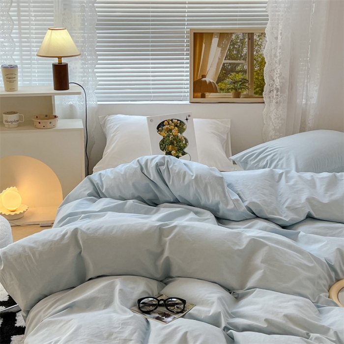 91家纺网 家纺一手货源 找家纺 昔可 2022新款40支13372全棉水洗棉混搭四件套 天蓝白