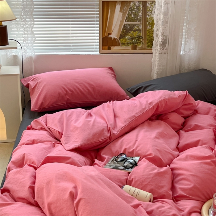 91家纺网 家纺一手货源 找家纺 昔可 2022新款40支13372全棉水洗棉混搭四件套 甜梅子粉拼深灰