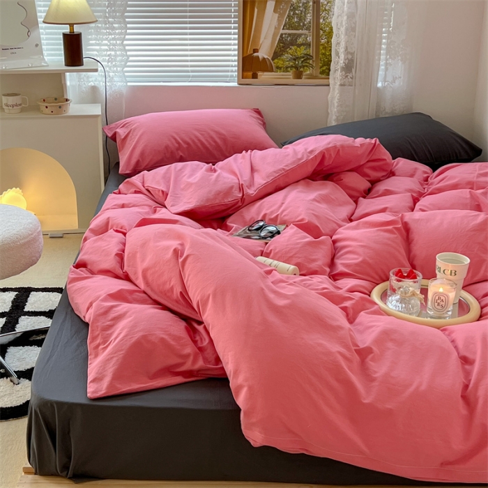 91家纺网 家纺一手货源 找家纺 昔可 2022新款40支13372全棉水洗棉混搭四件套 甜梅子粉拼深灰