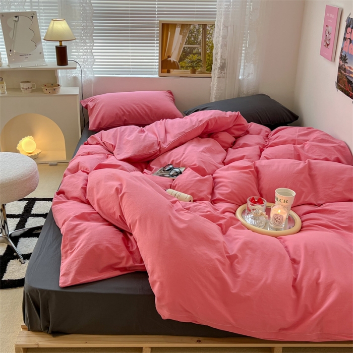 91家纺网 家纺一手货源 找家纺 昔可 2022新款40支13372全棉水洗棉混搭四件套 甜梅子粉拼深灰