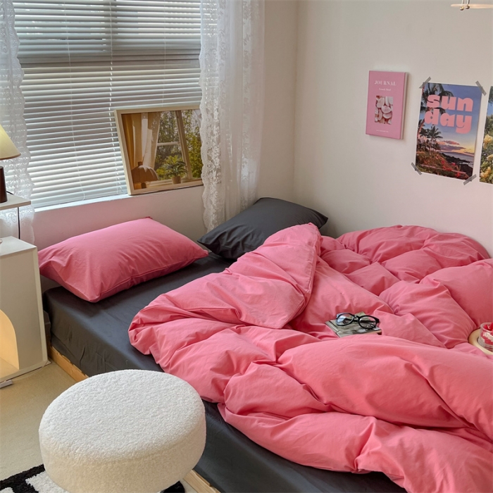 91家纺网 家纺一手货源 找家纺 昔可 2022新款40支13372全棉水洗棉混搭四件套 甜梅子粉拼深灰