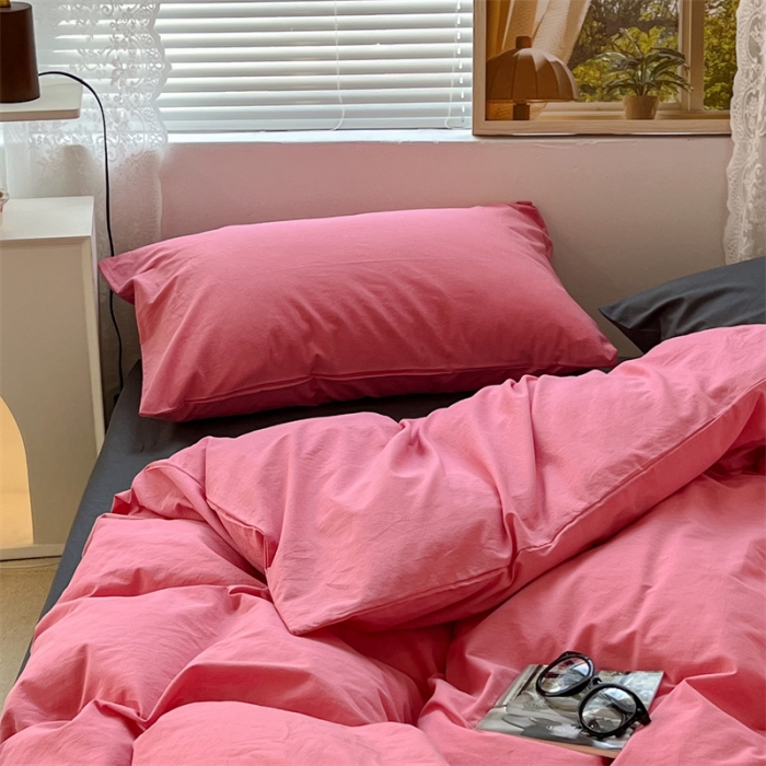 91家纺网 家纺一手货源 找家纺 昔可 2022新款40支13372全棉水洗棉混搭四件套 甜梅子粉拼深灰