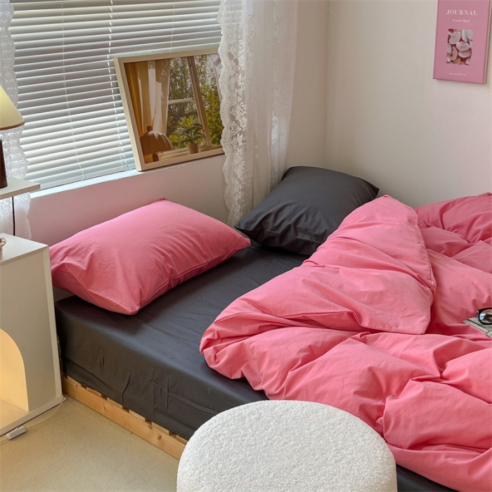 91家纺网 家纺一手货源 找家纺 昔可 2022新款40支13372全棉水洗棉混搭四件套 甜梅子粉拼深灰